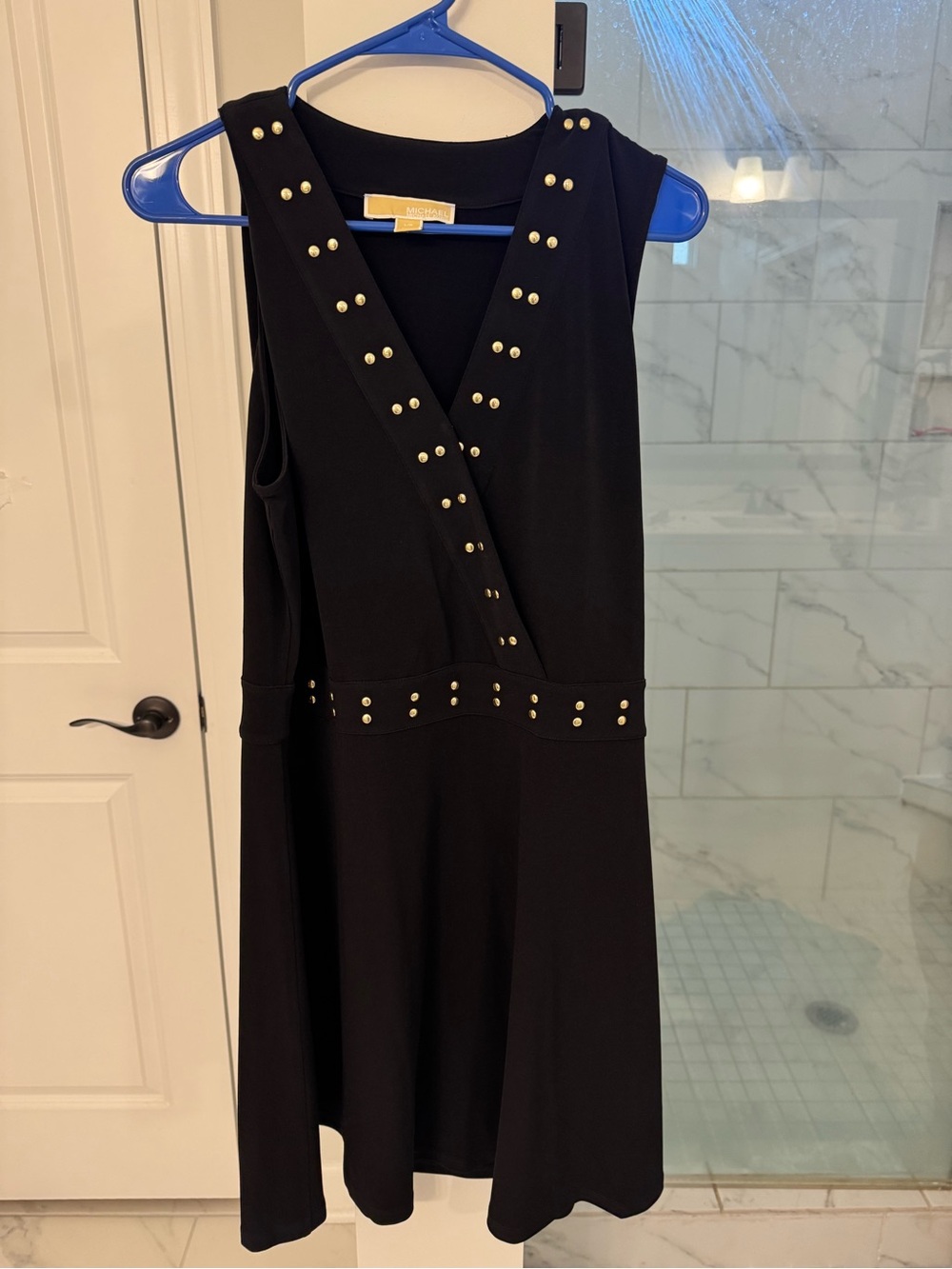 Michael Kors Black Sleeveless V-Neck Dress with Gold Studs